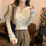 KANING Korean Scissors Collar Thin Knitted Cardigan 2026 Autumn New Long-Sleeved Knitted Bottom Sweater Woman