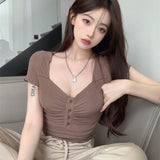 Summer Sweet Hottie Sexy Square Collar Short-Sleeved T-Shirt Women's Design Sense Of Small Slimming Short Top