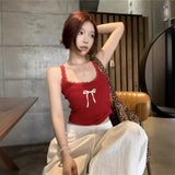 French Sweet Babes Sexy Red Lace Sling Vest Women Summer Bow Print Thin Short Top Tide