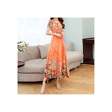 Elegant Style Print U-Neck With Lining High-Waisted Dress Summer Girl Middle-Nummer Mother Temperament A-Dress Dress