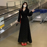 French Black V-Necked Long-Sleeved Dress Early Autumn New Look Temperament Waist Dress
