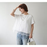 Multiplication A Large Number Of Light Retro Mesh Splicing T-Shirt Women Round Collar Three-Dimensional Design Commuting Level Sense On The Sense Of The Level