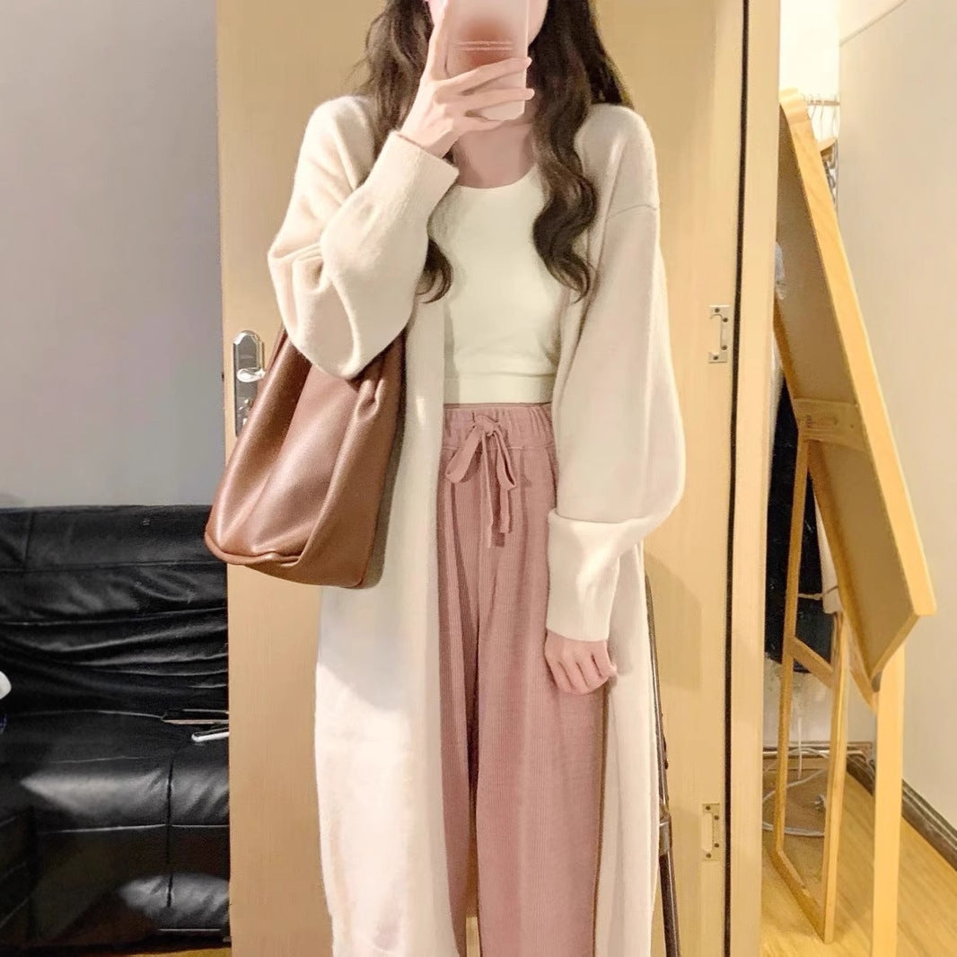 KANING Gray Long Over-Knee Sweater Jacket Woman 2026 Autumn Lazy Wind Thin Knitted Cardigan