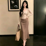 Early Autumn Thin Suit Temperament Gentle Style Button-Button Cardigan + Sling Vest + Wave Half-Dress Three-Piece Set Of Women