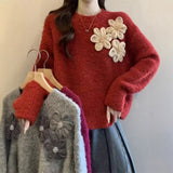 Kaning French Heavy-Industrial Handmade Flower Knitwear 2026 Spring New Shoulder Sleeves Weighted Sweater Women