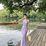 Sexy Pure Ambience Feeling Back Purple Dress Women Summer Slimming Tossed Fishtails Holiday Dress