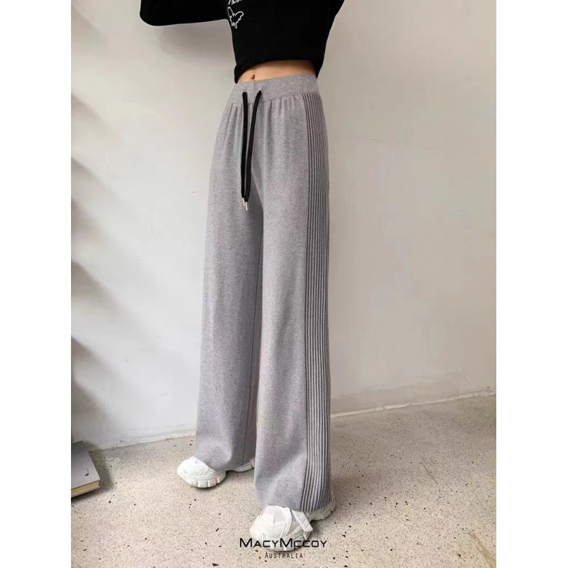 Design Sense Side Pressure Folding Pit Strip Knitted Broad Leg Pants Women Autumn And Winter Thick Hanging Feeling Loose Thin Tug Leisure Pants