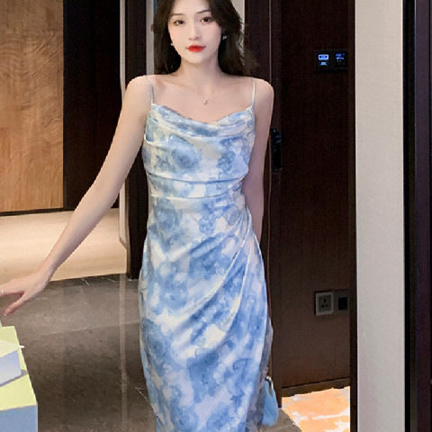 Medium-Long Floral Sling Dress Summer French New Sexy Temperament Tea Break Fork Skirt