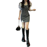 2025 New Fake Two-Piece Dress Women's Summer Gray Splicing Body Design Pure Passion Hot Girl Short Skirt