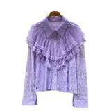 French Light Luxury Famous Heavy Industry Nails Beads To Spliced Long-Sleeved Lace Top Lady Autumn Body Bottom Shirt