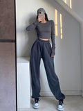 Autumn And Winter Sweatpants Dark Gray Plus Velvet Loose High-Waisted Rope Trousers Women's Ins Broad Leg Pants Slacks