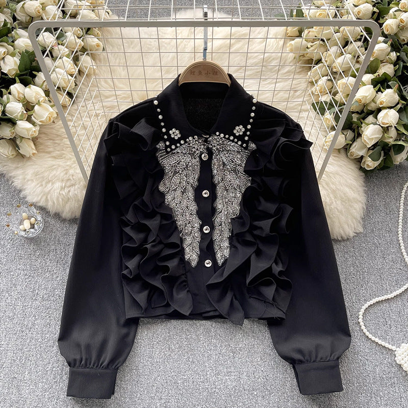 2025 Heavy Industry Fashion Rivet Pearl Decorative Shirt Design Sense Fashion Shirt Women