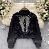 2025 Heavy Industry Fashion Rivet Pearl Decorative Shirt Design Sense Fashion Shirt Women