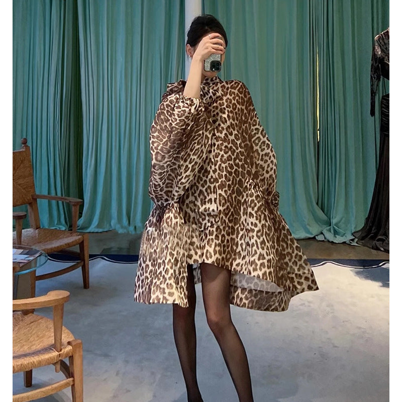 Tide Luxury Cold Is A Special Wide Wife's Noble Leopard Long-Sleeved Shirt Temperament Design Dress