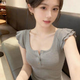 U-Neck Double-Layered Small Flying Sleeve Lotus Leaf Side Short-Sleeved T-Shirt Slimming Sweet Pure Desire Female Top