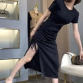 2025 New Summer Elastic Repair Arm Ion With Side Open Fork Long Dress Women's Short-Sleeved T-Shirt Drawer