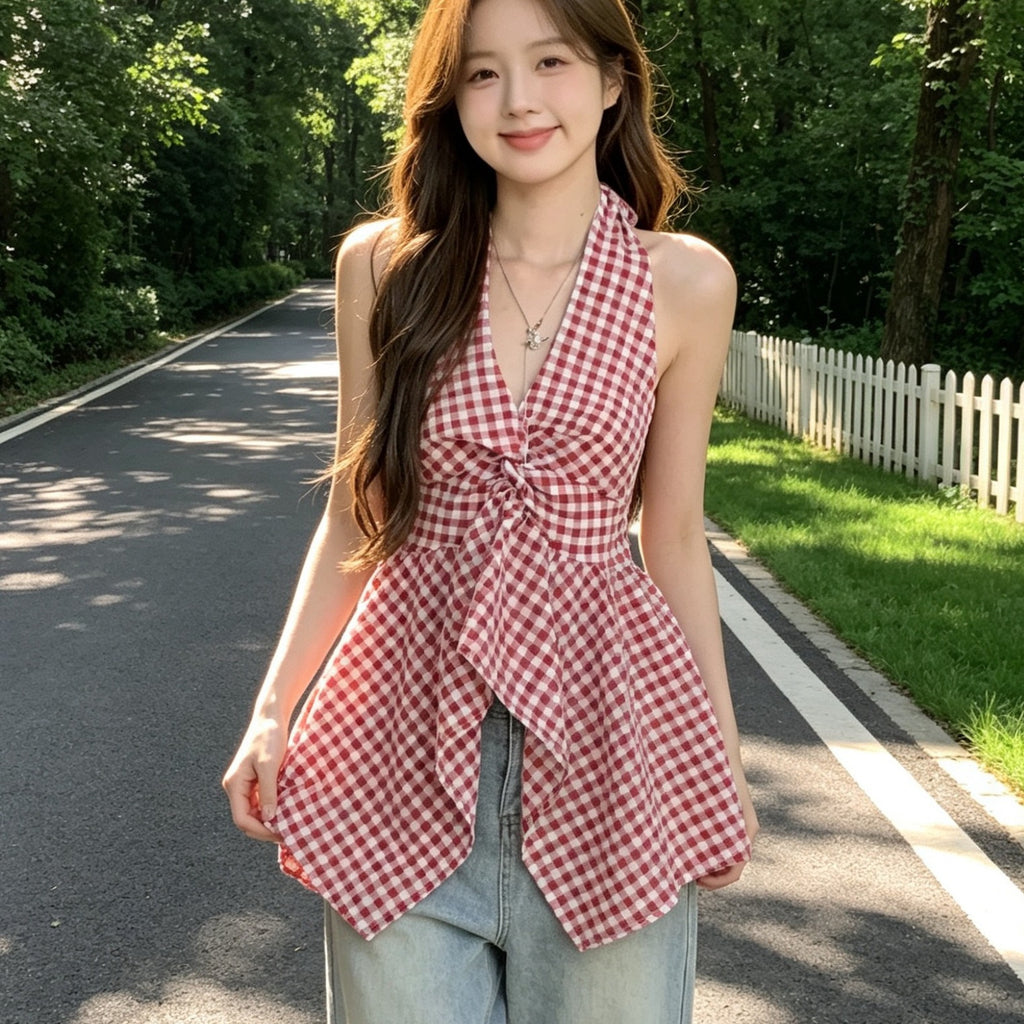 Summer Dopamine Yellow Lattice Hanging Neck Bare Shoulder Clothes Irregular High-End Feeling Waistless Sleeve Sleeve Sling Shirt