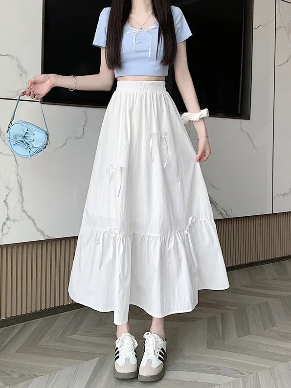 2025 New Summer Gentle Wind Bow Spliced Sweet White Dress Small One-Child Cake Long Skirt