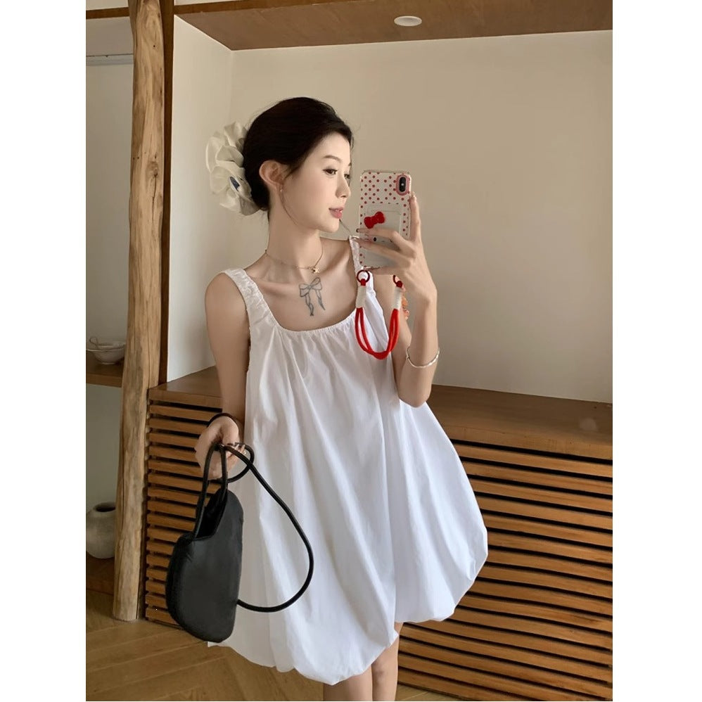 Holiday Wind U Collar Solid Color Sling Vest Dress Female Summer Temperament Relaxed Leisure Bareback Bud Short Skirt