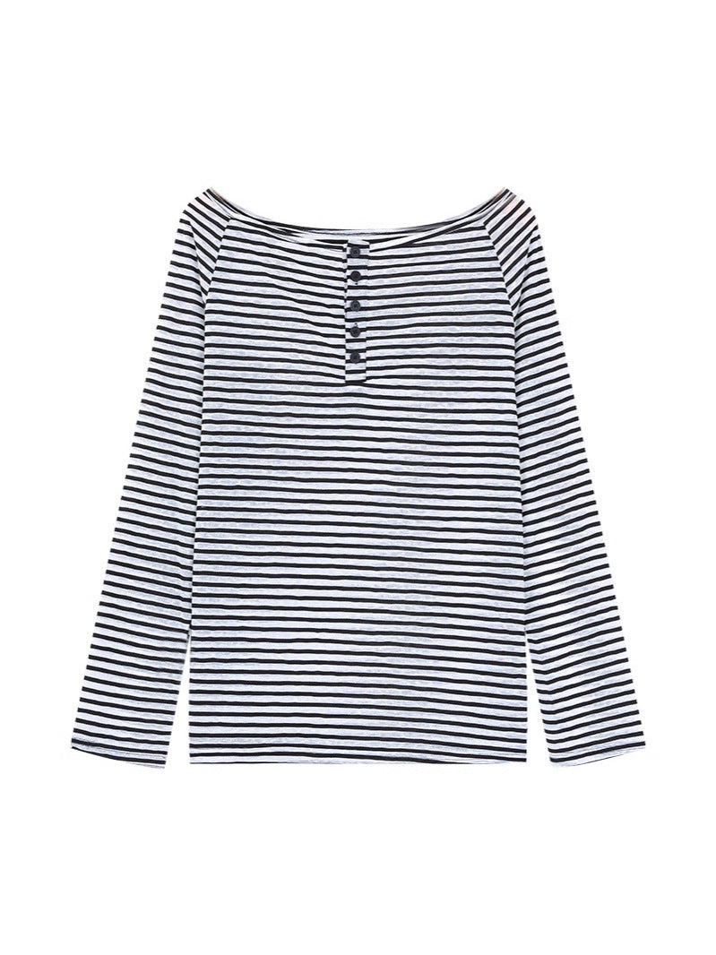 Lazy Wind High-End Striped Long-Sleeved Woman Autumn Leisure Thin Bottom Shirt Hot Girl Thin Top