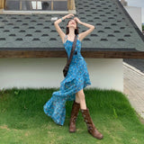 Chiffon + Invisible Zipper Holiday Wind And Flowers Hanging Dress Women's Summer Design Irregular Dress Waist
