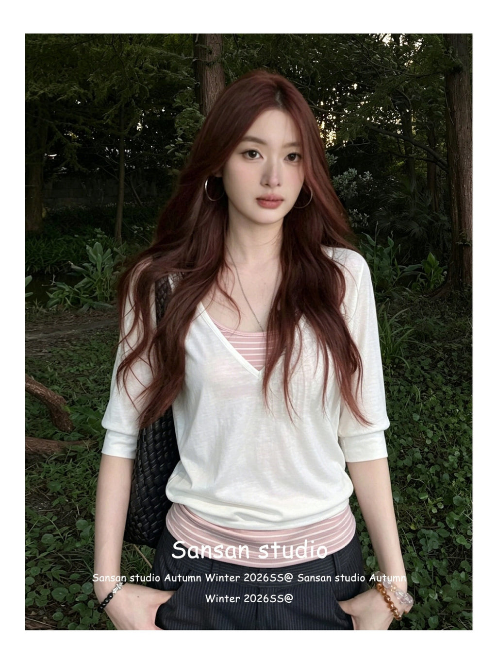 Middle-Sleeved T-Shirt Women's Two-Piece Summer Striped Sling Vest With Short-Sleeved Top