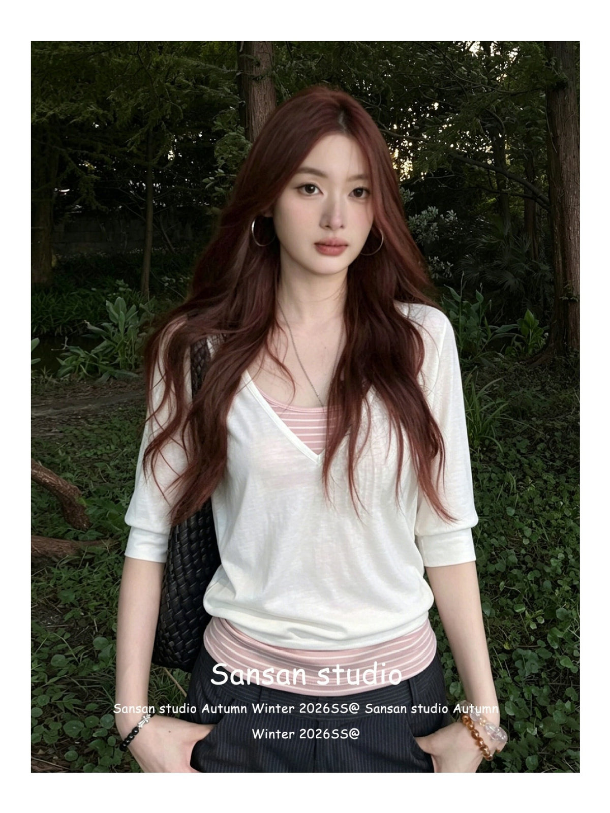 Middle-Sleeved T-Shirt Women's Two-Piece Summer Striped Sling Vest With Short-Sleeved Top
