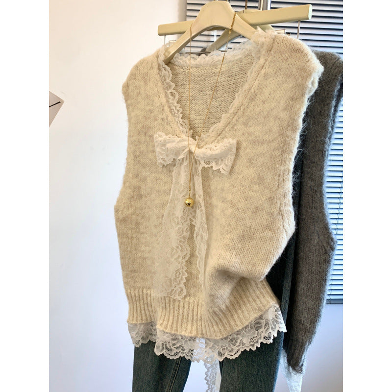 KANING Lace Bow V-Neck Sweater Vest 2026 Early Autumn New Women's Clothing Folded Sleeveless Knitted Top