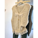 KANING Lace Bow V-Neck Sweater Vest 2026 Early Autumn New Women's Clothing Folded Sleeveless Knitted Top