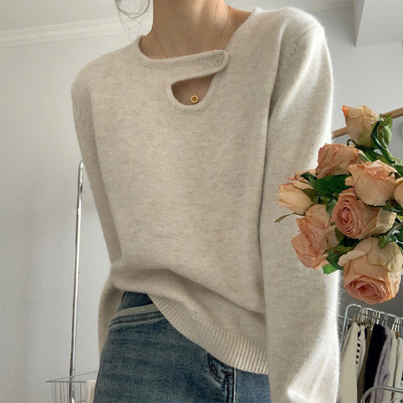 Autumn And Winter New Set-Up Head Design Hollow Solid Color Niche Lazy Wind Under The Bottom Knitted Shirt Top
