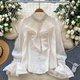 Drilled Lotus Loaf Collar Long-Sleeved Shirt Women Autumn Waist Temperament Chiffon Shirt Design Feel Beautiful Gold Feeling Top