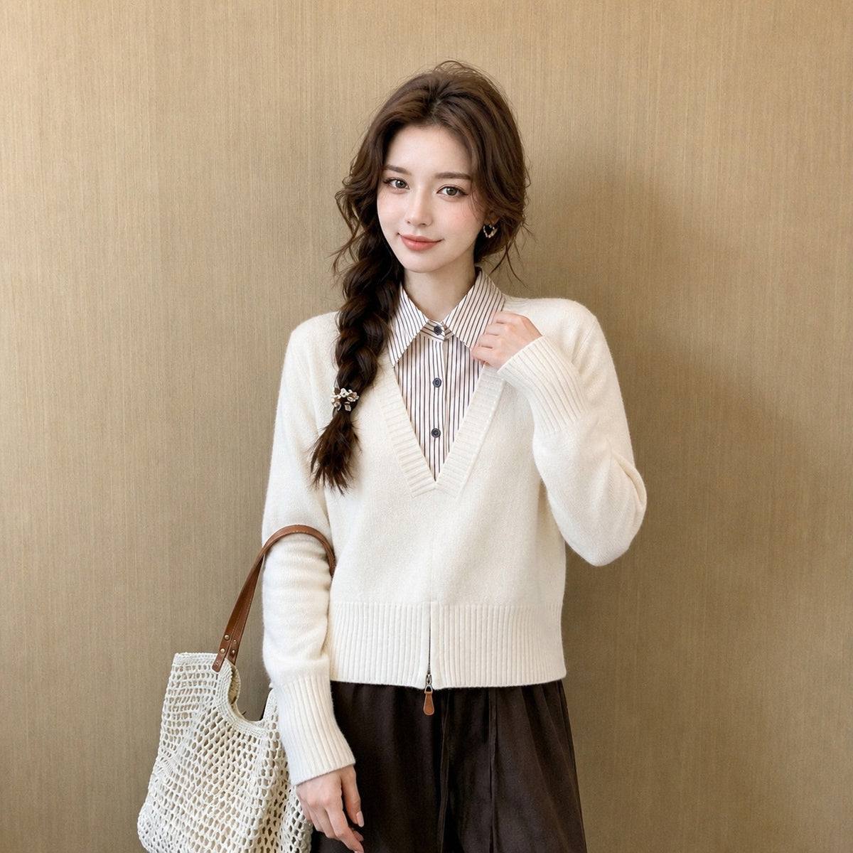 LEKA Korean Spliced Striped Two-Piece Collar Sweater In Autumn Commuter Hooded Loose Thin Knitwear