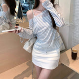 Pure Lusty T-Necked Striped Long-Sleeved T-Shirt Spring And Autumn Thin Lace Splicing To Repair The Shoulder Ins Top Long-Sleeved Woman