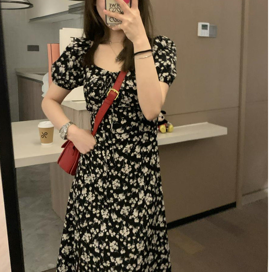2025 New Veee Romantic Night Rose Black Fragum Bubble Sleeves French-Collared Open Skirt