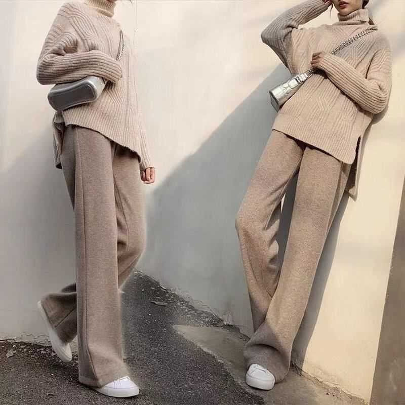 Casual Knitted Wide-Legged Trousers Women 2026 Autumn And Winter New Loose High-Waisted Straight Barrel Tugging Long Pants Women