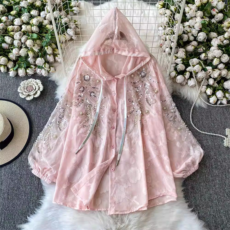 Light Luxury High-End Heavy-Working Sequin Nail Lantern Sleeve Shirt Coat Casual Sunscreen Loose Thin Hooded Shirt