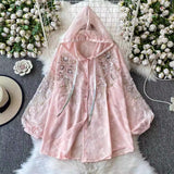 Light Luxury High-End Heavy-Working Sequin Nail Lantern Sleeve Shirt Coat Casual Sunscreen Loose Thin Hooded Shirt