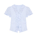 Designing A Blue Wood Ear Striped Soaked Women Summer Niche Age-Down V-Neck Collar Thringing Thin Short Sleeve Top