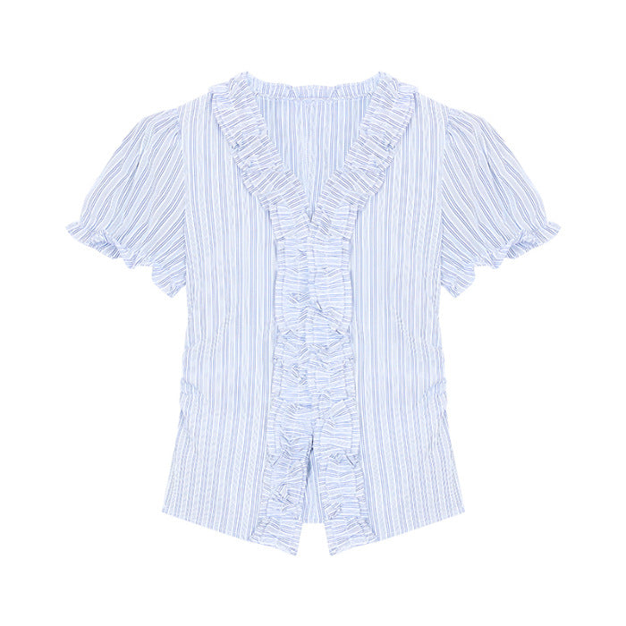 Designing A Blue Wood Ear Striped Soaked Women Summer Niche Age-Down V-Neck Collar Thringing Thin Short Sleeve Top