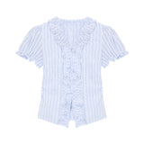 Designing A Blue Wood Ear Striped Soaked Women Summer Niche Age-Down V-Neck Collar Thringing Thin Short Sleeve Top