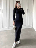 Ins Finger Buckle Solid Color Round-Neck Long-Sleeved Dress Body-Body-Skinny Dress Woman Tide