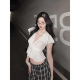 Fashion Sexy Hottie Temperament V-Neck Short-Sleeved T-Shirt Girl Spring And Autumn New Slimming Inner Lace Splicing Top
