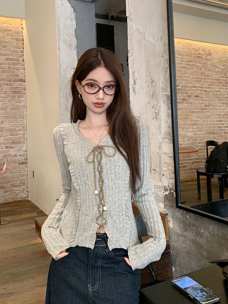 Vintage Strap Design Long-Sleeved T-Shirt Women's Early Autumn Blouse Texture Sweet Thin Inside Bottom Shirt