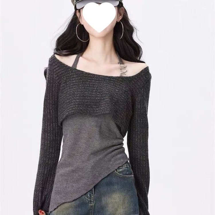 2025 Autumn Sling New Women's Design Slim Long Sleeve Irregular Two Sets Of Thin Hooded Shirts Niche