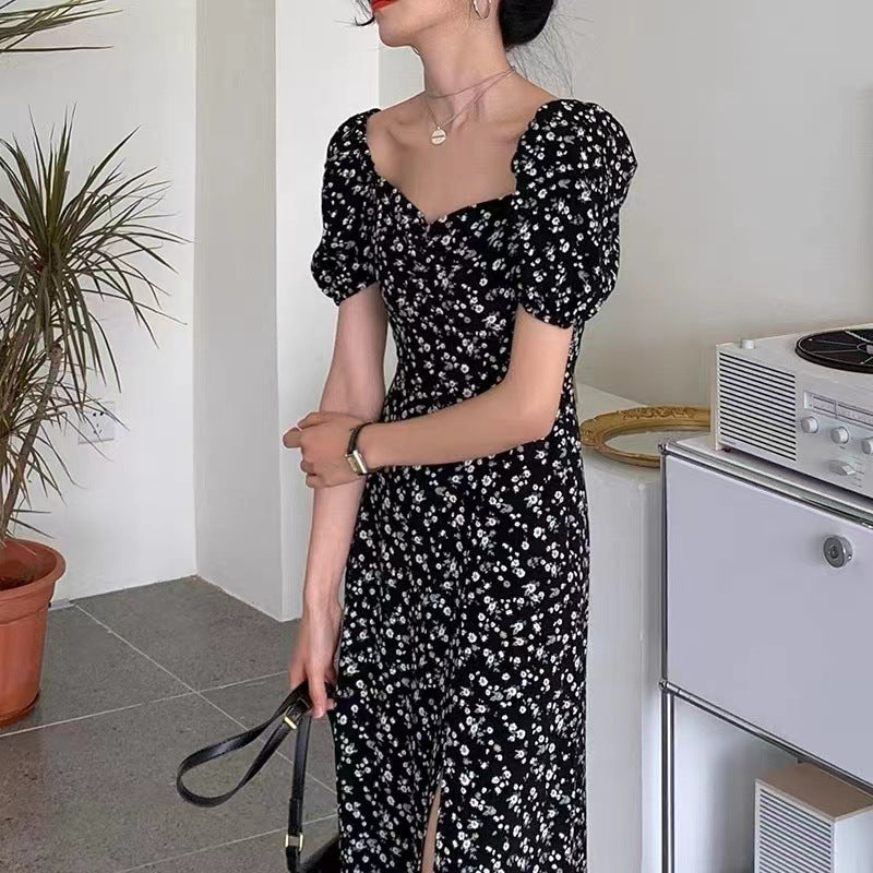 French Floral Dress Women's Summer Collar Bubble Sleeve Open Forked Waist Temperament Tea Break Long Skirt