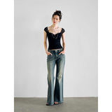 Sexy Hottie Lace Splicing Shoulder Short-Sleeved T-Shirt Girl Summer New Slimming Short-Term Umbilly Blouse Tide
