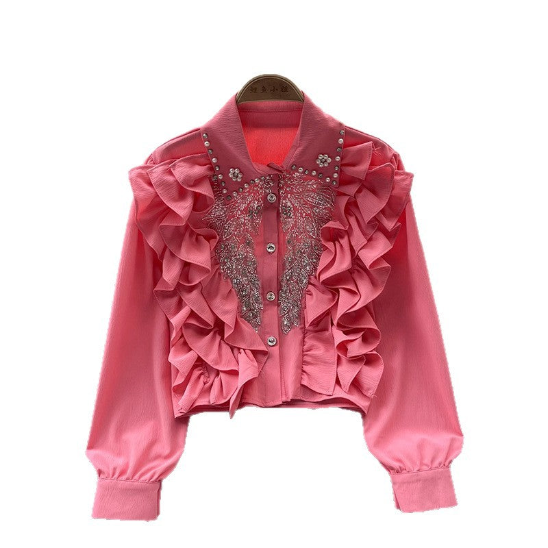 2025 Heavy Industry Fashion Rivet Pearl Decorative Shirt Design Sense Fashion Shirt Women