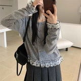 KANING Korean Sweet Lace Spliced Knitted Shirt 2026 Autumn And Winter New Temperament Short Sweater Top