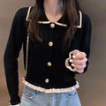 French Color Piecing Knitted Bottom Shirt With Women's Spring And Autumn Small Fragrant Short Sweater Open-Sleeved Top