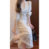 New French Sweet And Gentle Style White Lace Dress In Autumn 2025